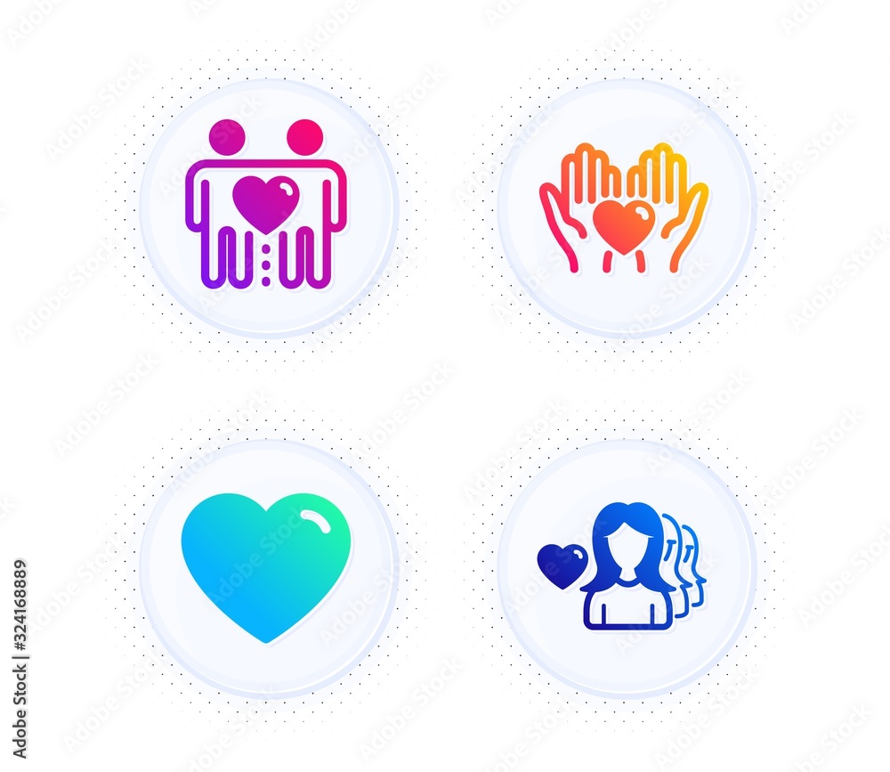 Heart, Hold heart and Friends couple icons simple set. Button with halftone dots. Woman love sign. Love feelings, Friendship, Romantic people. Love set. Gradient flat heart icon. Vector