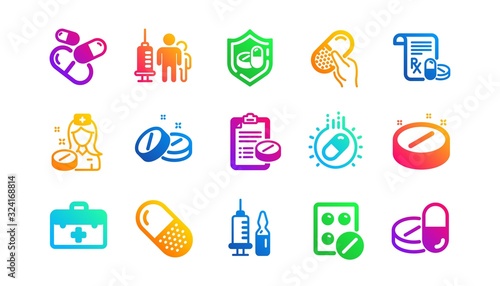 Healthcare, Prescription and Pill signs. Medical drugs icons. Pharmacy drugs, recipe pill icons. Antibiotic capsule, syringe vaccination. Classic set. Gradient patterns. Quality signs set. Vector