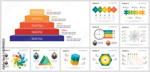 Set of creative business infographic slide designs. Can be used for workflow layout, annual report, presentation slide, web design. Business and accounting concept with process and pyramid charts