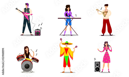 Musicians and singers in bright costumes on stage vector illustration