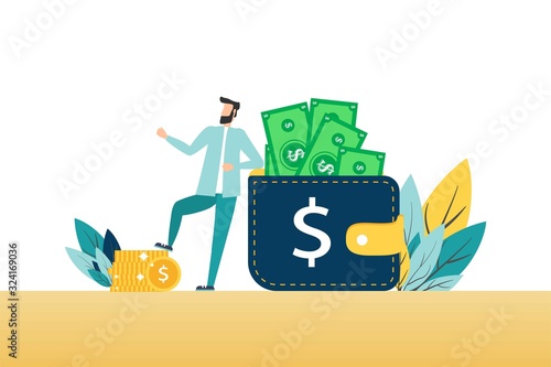 financial consultant, leaning on a cough with money, smiles amiably and waves his hand. Successful investor or entrepreneur. Financial consulting, investments and savings. Modern vector illustration.