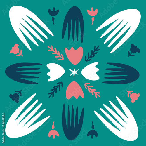 Spring, Merry Christmas folk doodle art square tile. Scandinavian style with traditional geometric shapes in festive colors. Folklore cliparts elements for notebook, tile, napkins, coasters, postcard