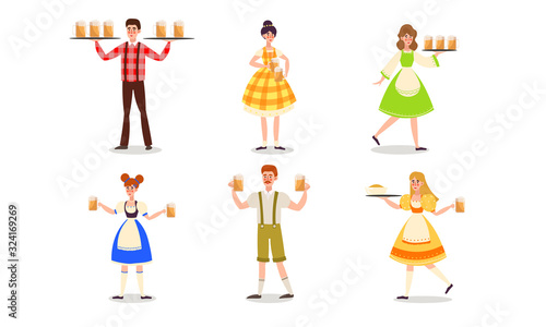 Waiters in uniform serving beer drinks vector illustration