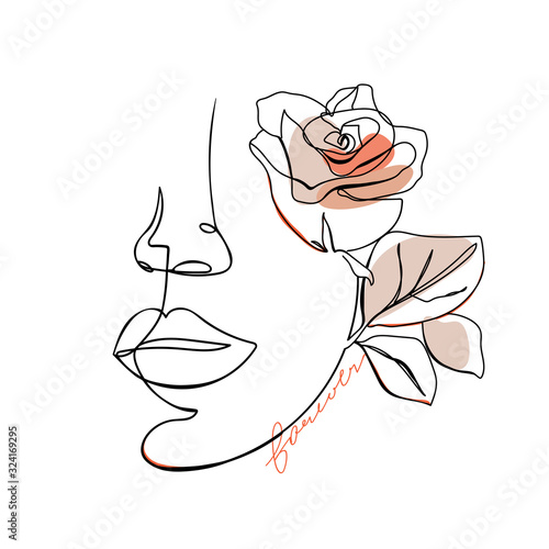 Trendy abstract one line woman face with rose flower and lettering. Fashion typography slogan design "forever" sign. Continuous line print for textile, poster, card, t-shirt etc. Vector illustration.