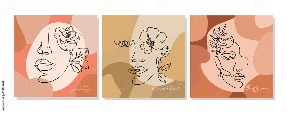 Set of  illustrations with one line continuous woman face and leaves. Abstract contemporary collage with geometric shapes. Design templates for covers, t-Shirt print, postcard, banner etc. Vector. - obrazy, fototapety, plakaty 