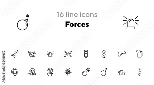 Forces line icon set. Shoulder strap, gun, bomb, ship. Military concept. Can be used for topics like army, war, defense, national security