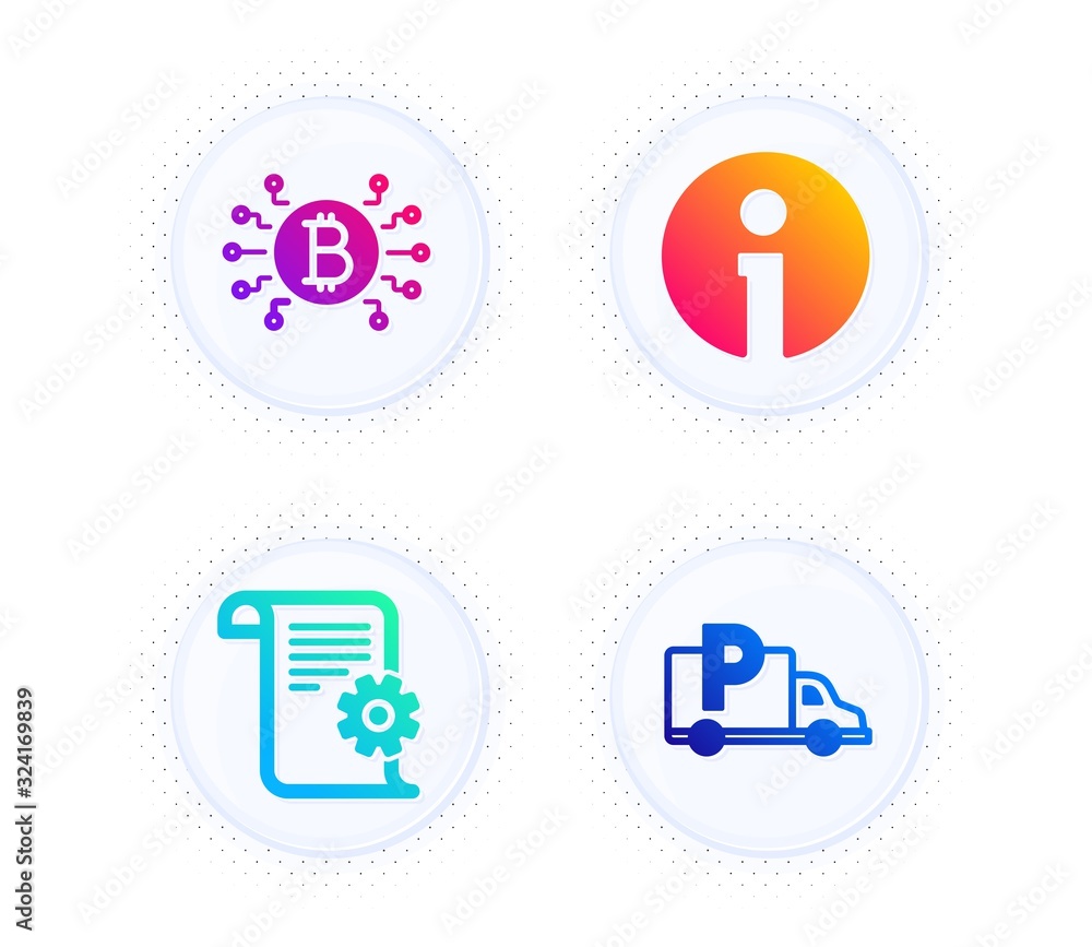 Info, Technical documentation and Bitcoin system icons simple set. Button with halftone dots. Truck parking sign. Information, Manual, Cryptocurrency scheme. Free park. Business set. Vector Info, Technical documentation and Bitcoin system icons simple set. Button with halftone dots. Truck parking sign. Information, Manual, Cryptocurrency scheme. Free park. Business set. Vector