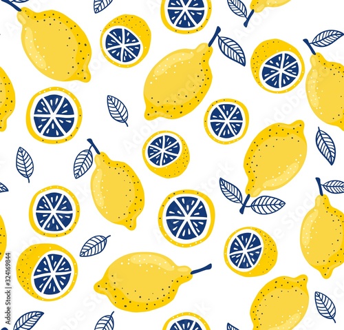 Colourful summer pattern with fresh lemons vector illustration. Whole and half fruits with leaves cartoon design. Exotic citrus food concept. Isolated on white background