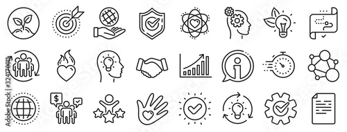 Integrity, Target purpose and Strategy. Core values line icons. Trust handshake, social responsibility, commitment goal icons. Growth chart, innovation, core values network. Vector photo
