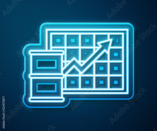 Glowing neon line Oil price increase icon isolated on blue background. Oil industry crisis concept. Vector Illustration