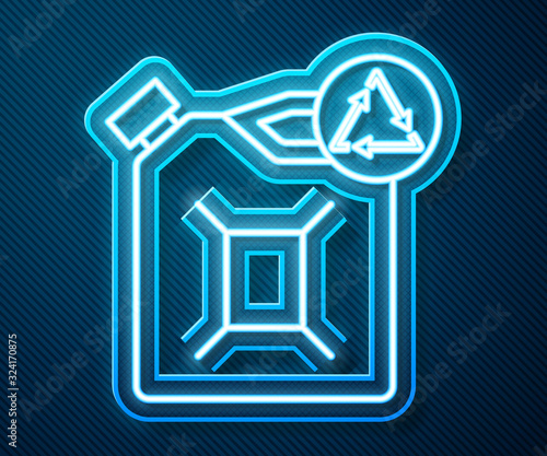 Glowing neon line Eco fuel canister icon isolated on blue background. Eco bio and barrel. Green environment and recycle. Vector Illustration