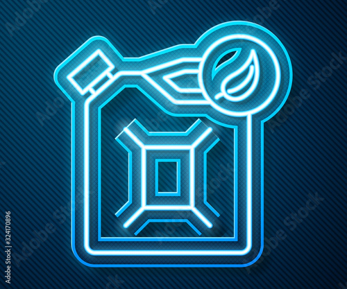 Glowing neon line Bio fuel canister icon isolated on blue background. Eco bio and barrel. Green environment and recycle. Vector Illustration