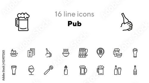 Pub line icon set. Bar location, bottle, beer glass. Beer concept. Can be used for topics like menu, restaurant, bar, alcoholic drink