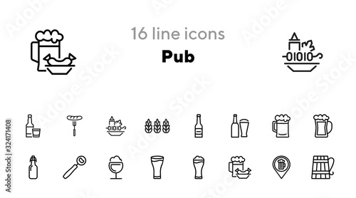 Pub icon. Set of line icon on white background. Beer bottle, craft bar, beer mug. Beer concept. Vector illustration can be used for topics like alcoholic drinks, leisure, bar