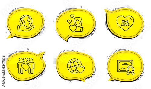Lovers, Sweet heart. Diploma certificate, save planet chat bubbles. Love couple, Friends world and Love line icons set. Love set. Outline icons set. Vector