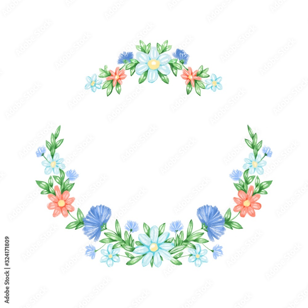 Wreath border frame with summer herbs, meadow flowers. Digital watercolor