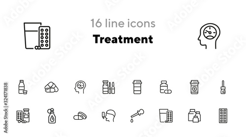 Treatment line icon set. Medical bottle, pills, drops, inhaler. Medicine concept. Can be used for topics like therapy, cure, illness, flu