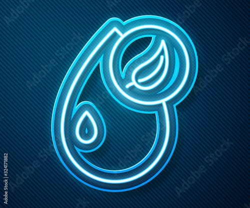 Glowing neon line Bio fuel icon isolated on blue background. Eco bio. Green environment and recycle. Vector Illustration