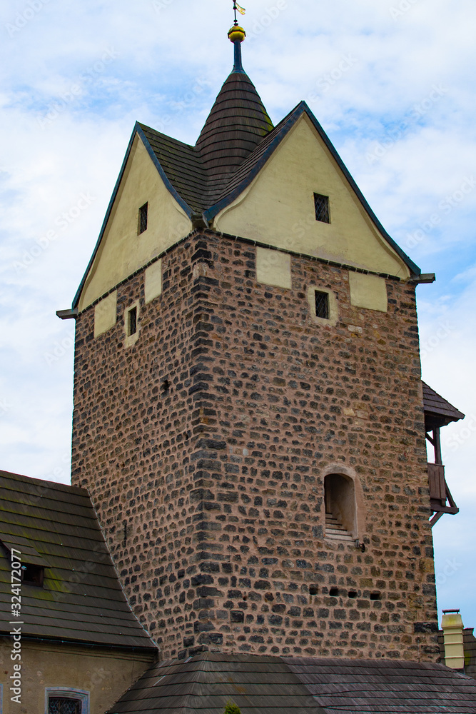 Tower of Loket Castle, a 12th century gothic castle in South Bohemia, Czech Republic