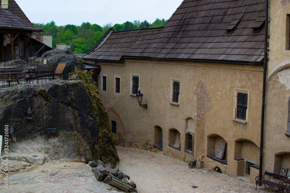 Patio in Loket Castle, a 12th century gothic castle in the small village of Loket, Czech Republic