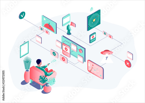 Conceptual isometric illustration of a person making a choice for a movie character while watching an interactive movie through a streaming service. Modern technology and future technology concept