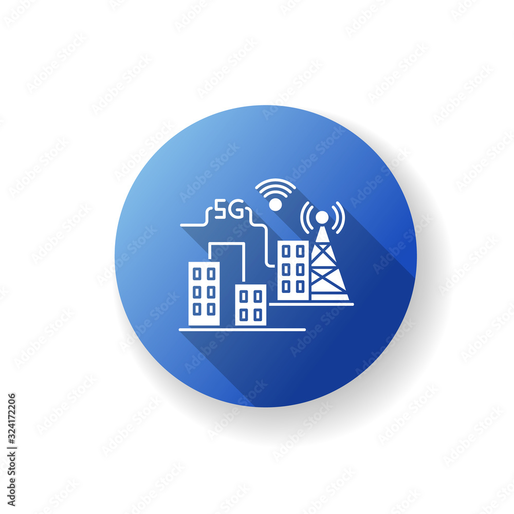 5G smart city blue flat design long shadow glyph icon. Improved urban infrastructure. Mobile cellular network coverage. Wireless technology. Silhouette RGB color illustration 5G smart city blue flat design long shadow glyph icon. Improved urban infrastructure. Mobile cellular network coverage. Wireless technology. Silhouette RGB color illustration