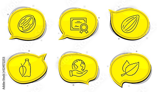 Mint leaves sign. Diploma certificate, save planet chat bubbles. Pecan nut, Almond nut and Water bottle line icons set. Vegetarian food, Mint leaf drink, Mentha herbal. Food and drink set. Vector