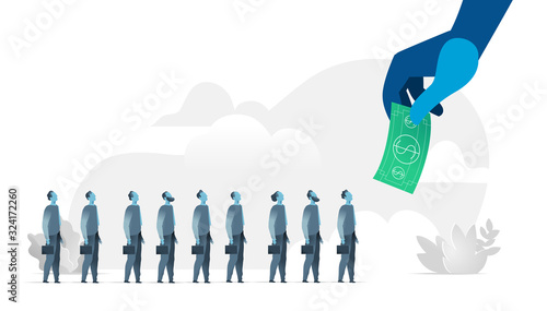Venditori concentrati sull'obiettivo. La mano che tiene una banconota di dollaro davanti ai venditori, uomini d'affari - Illustrazione vettoriale