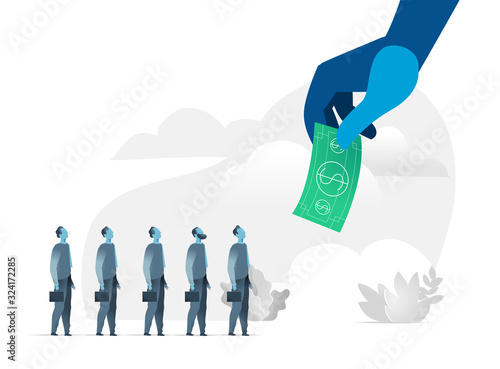 Venditori concentrati sull'obiettivo. La mano che tiene una banconota di dollaro davanti ai venditori, uomini d'affari - Illustrazione vettoriale