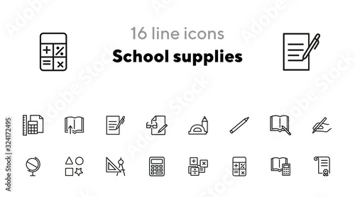 School supplies line icon set. Ruler, calculator, globe, copybook. Education concept. Can be used for topics like studying, learning, geometry, drawing
