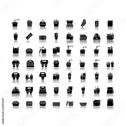 Takeaway meal drop shadow black glyph big icons set. Coffee to go, containers for salad and hot fast food. Plastic, cardboard, paper takeout packages. Isolated vector illustrations on white space