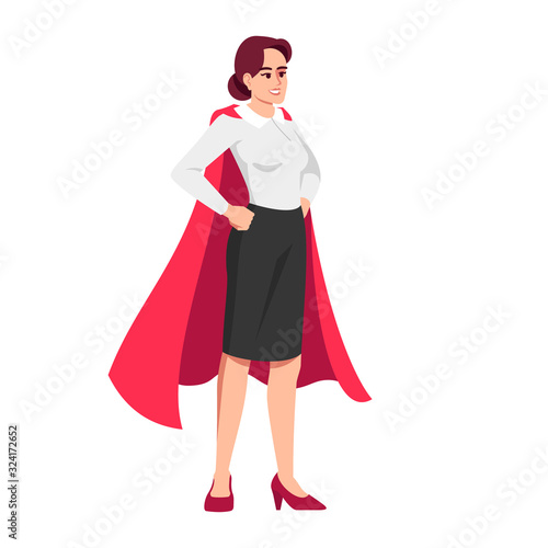 Perfect office manager semi flat RGB color vector illustration. Young worker in superhero cape isolated cartoon character on white background. Efficient employee, comic working mother concept