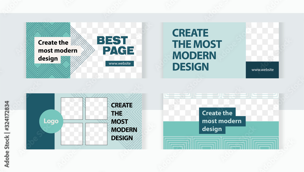 Modern aquamarine color with geometric lines. Background set horizontal banner templates with frame for images.