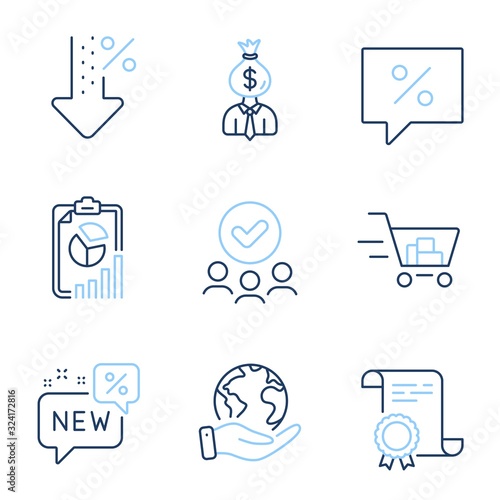 New, Report and Low percent line icons set. Diploma certificate, save planet, group of people. Manager, Shopping cart and Discount message signs. Discount, Presentation chart, Work profit. Vector