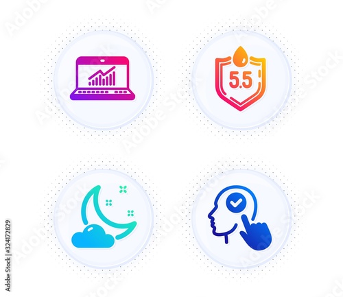 Night weather, Online statistics and Ph neutral icons simple set. Button with halftone dots. Select user sign. Sleep, Computer data, Water. Head with checkbox. Science set. Vector