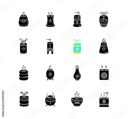 Air purifiers, humidifiers, ionizers black glyph icons set on white space. Climate control devices, household appliances, indoor humidity regulators. Silhouette symbols. Vector isolated illustration