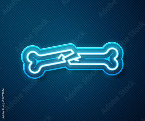 Glowing neon line Human broken bone icon isolated on blue background. Vector Illustration