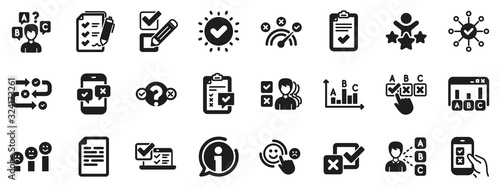Opinion, Customer satisfaction feedback and Test icons. Survey, Report review icons. Checklist review, Quiz and Business report symbols. Evaluation quiz, Feedback chart, Management. Vector