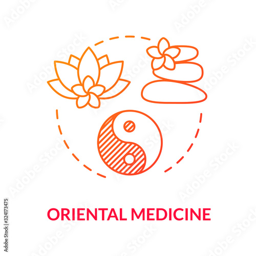 Oriental medicine concept icon. Alternative healing, complementary therapy idea thin line illustration. Traditional eastern holistic treatment. Vector isolated outline RGB color drawing