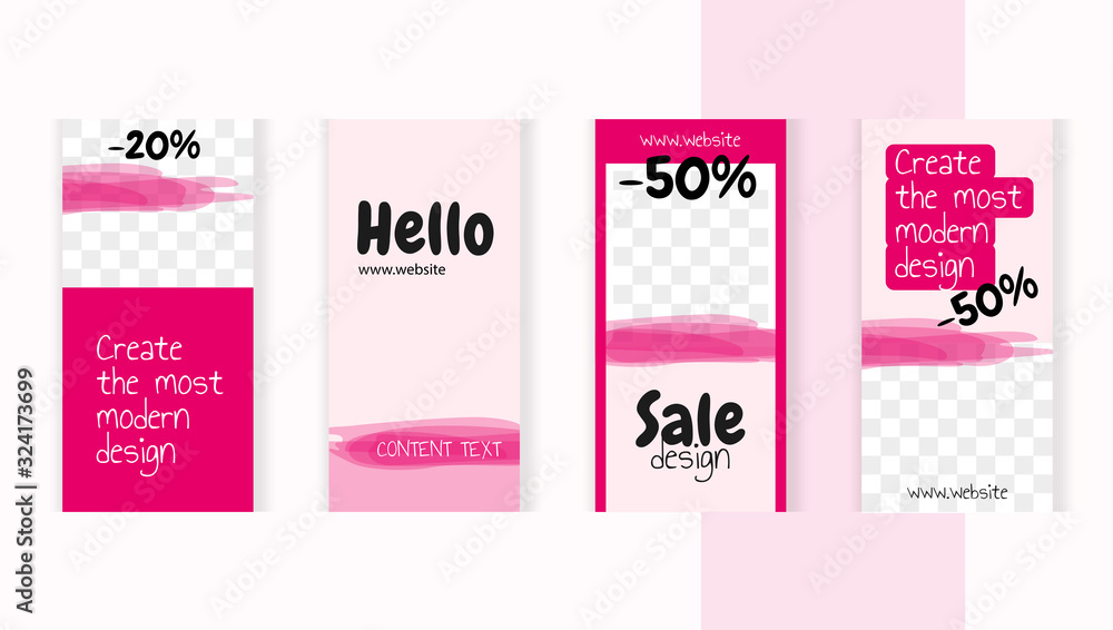 Set templates for design of social networks, story and print with windows for images. Happy modern style with soft pink paint spots and dark pink elements. Set templates for design of social networks, story and print with windows for images. Happy modern style with soft pink paint spots and dark pink elements.
