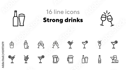 Strong drinks icons. Set of line icons on white background. Beer bottle, martini, margarita cocktail. Alcohol concept. Vector illustration can be used for topic like drinks, bar, menu