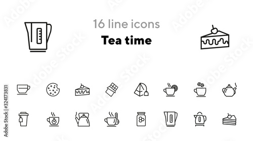 Tea time line icon set. Cup, sugar, pot, kettle, dessert. Tea concept. Can be used for topics like tea party, break, breakfast