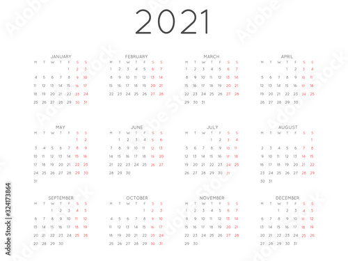 Calendar 2021 Year Simple Style Planner. Week Starts on Monday. Vector Illustration