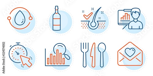 Presentation board, Timer and Food signs. Cold-pressed oil, Search and Love letter line icons set. Brandy bottle, Anti-dandruff flakes symbols. Organic tested, Analytics. Business set. Vector