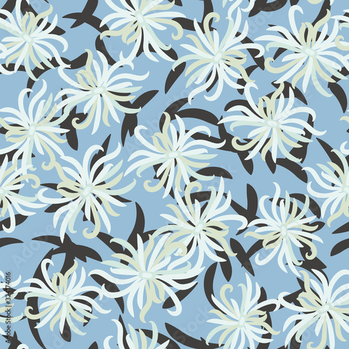 White chrysanthemum flowers seamless vector pattern on a blue background. Botanical seamless vector pattern.