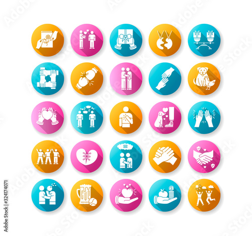 Friendly relationship flat design long shadow glyph icons set. Strong friendship and togetherness. Interpersonal communication, emotional bond. Best friends, buddies silhouette RGB color illustration