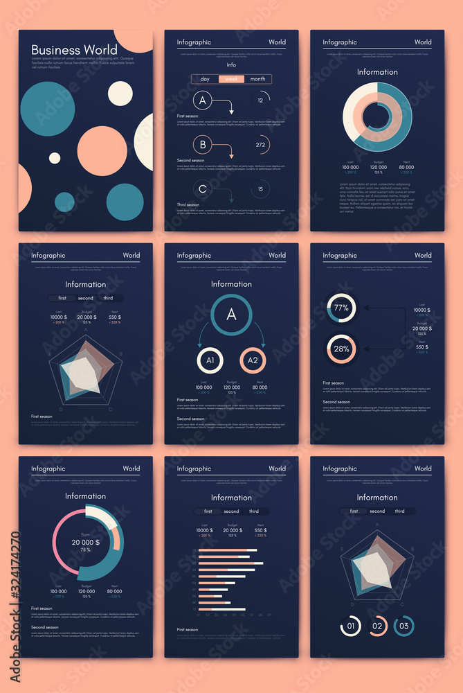 Modern infographic vector elements for business brochures. Use in website, corporate brochure, advertising and marketing. Pie charts, line graphs, bar graphs and timelines. Modern infographic vector elements for business brochures. Use in website, corporate brochure, advertising and marketing. Pie charts, line graphs, bar graphs and timelines.