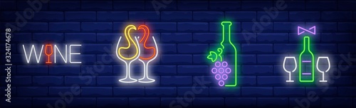 Winery neon signs set. Wine bottle, couple of glasses, logo. Vector illustration in neon style, bright banner for topics like dinner, dating, restaurant