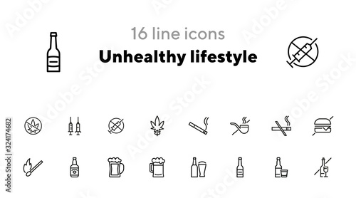Unhealthy lifestyle line icon set. Set of line icons on white background. Beer, match, cigarette, burger. Harmful things concept. Vector illustration can be used for topics like bar, club, lifestyle