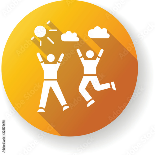 Enjoyment yellow flat design long shadow glyph icon. Friendship, togetherness, happiness, friendly relationship. Outdoor recreation. Friends bonding activities. Silhouette RGB color illustration